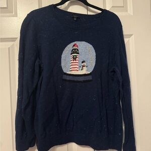 Talbots Blue Crewneck Sweater Holiday Snowman Snowglobe